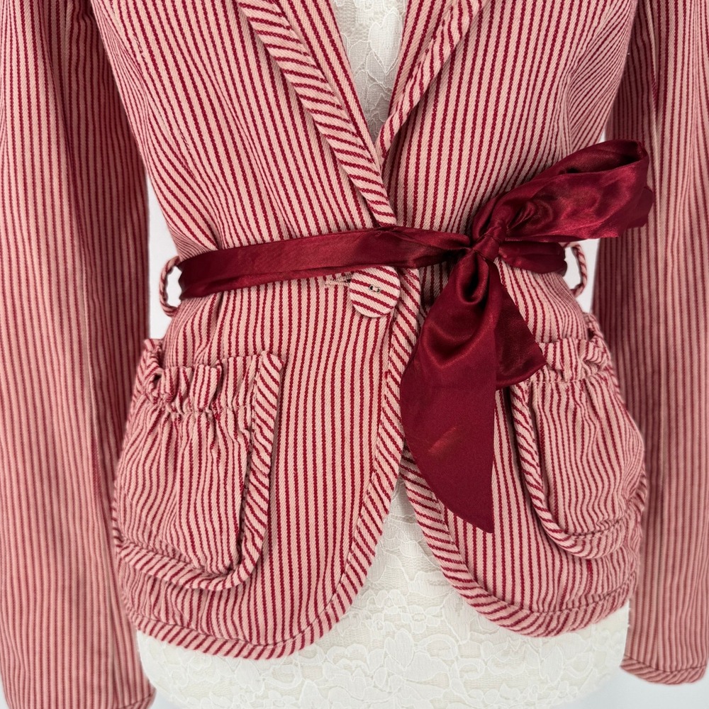 Vintage Y2K Free People Striped Blazer 2 Satin Bow Belt Coquette Romantic Preppy - Picture 3 of 13